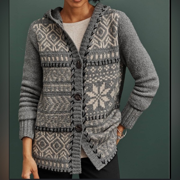 J. Jill Sweaters - Jjill Hand-Embroidered Hooded Cardi 
Grey & Cream Print Size XL